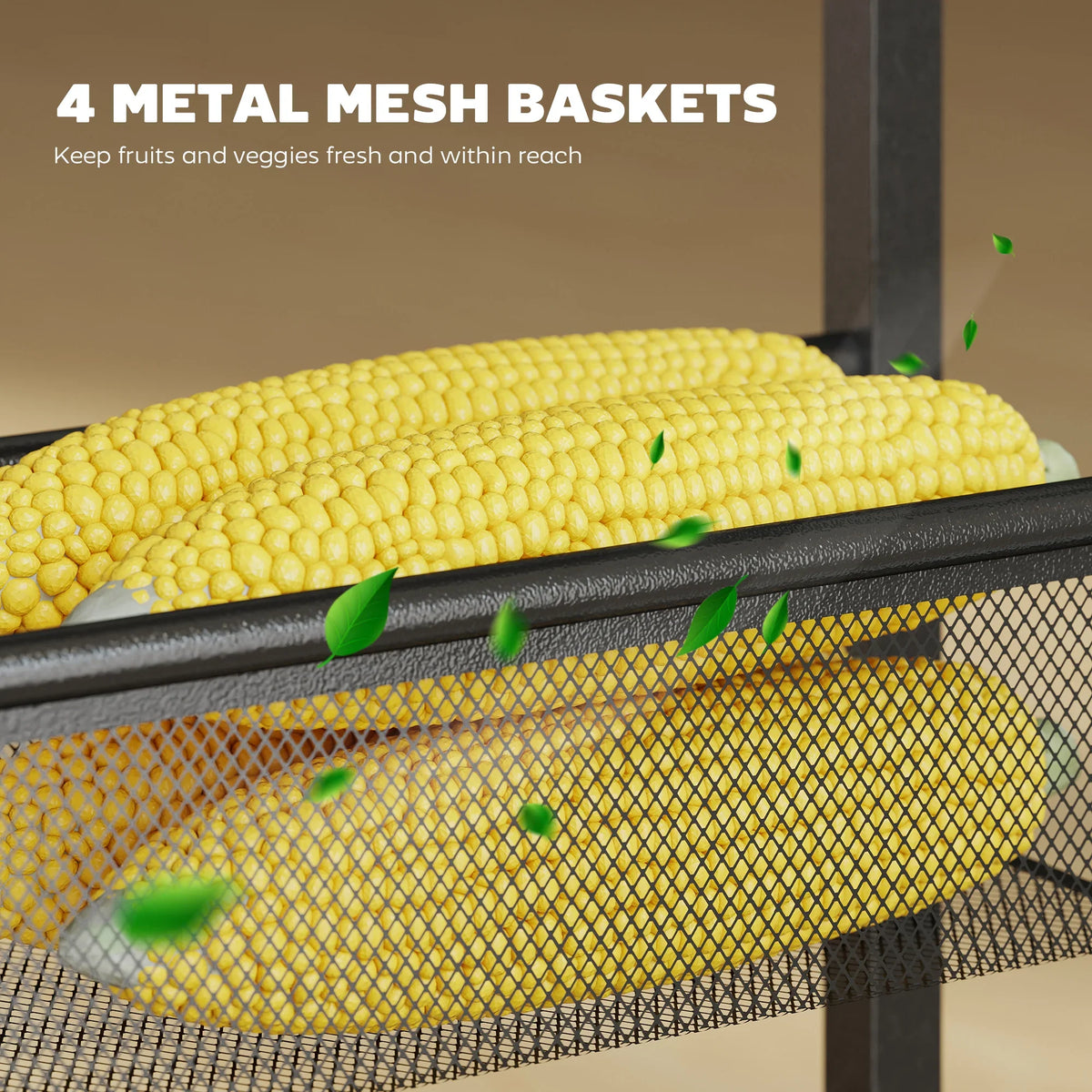 Wire mesh basket top view with corn and green sprouts over a dark metal shelf