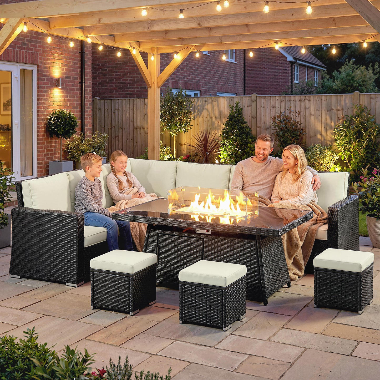 Outsunny 7 Piece PE Rattan Garden Furniture Set With 50,000 BTU Gas Fire Pit Table Double Corner Sofa And 3 Footstools