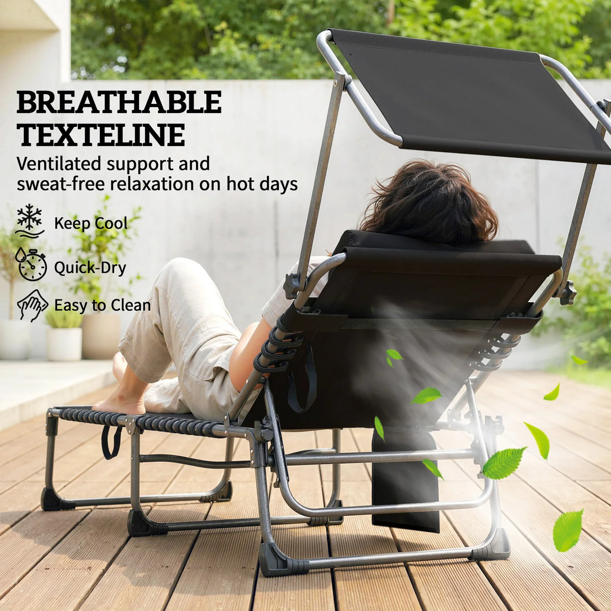 Breathable textilene sun lounger with dark fabric seat and dark blue cushion