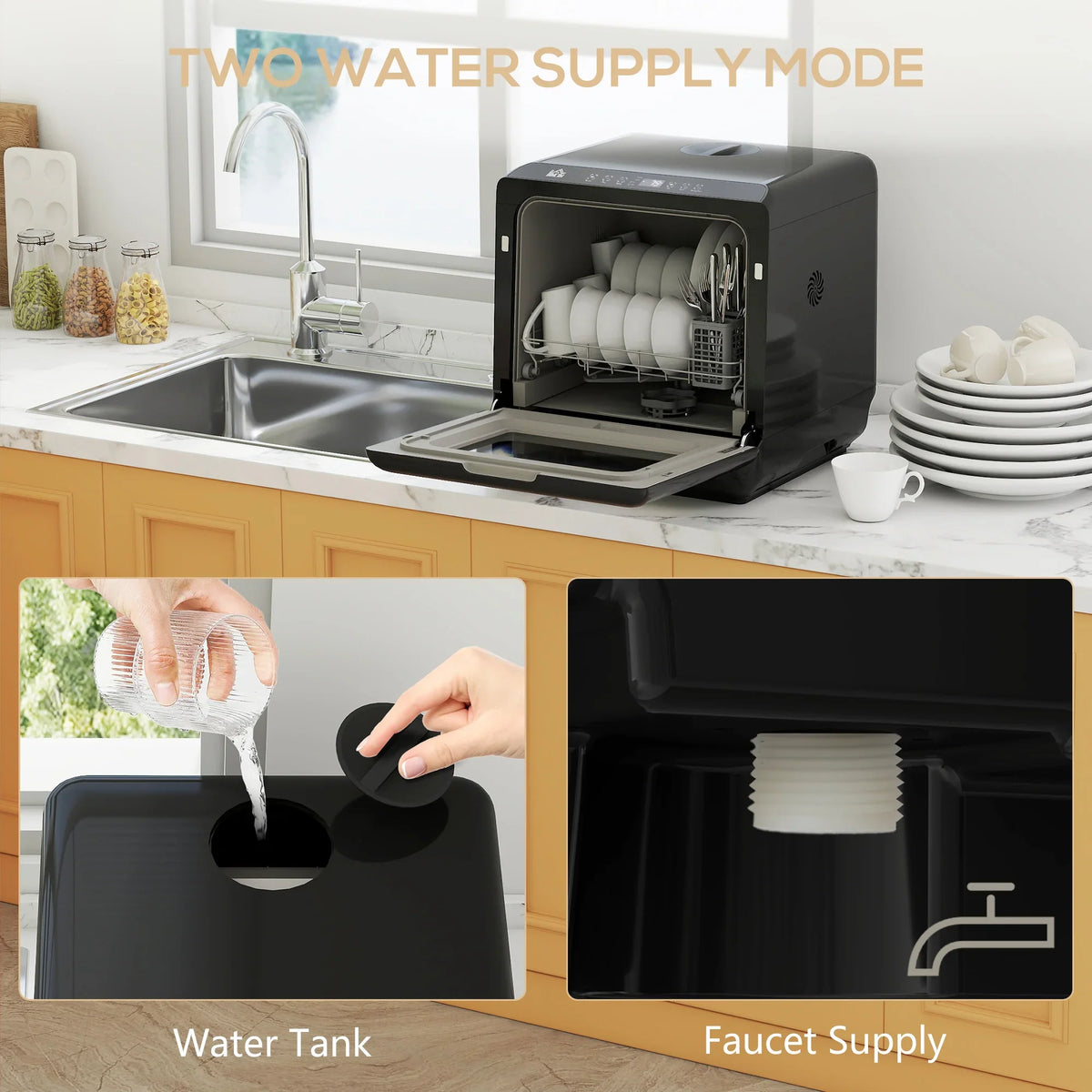 Black countertop dishwasher showing water tank and faucet supply connection