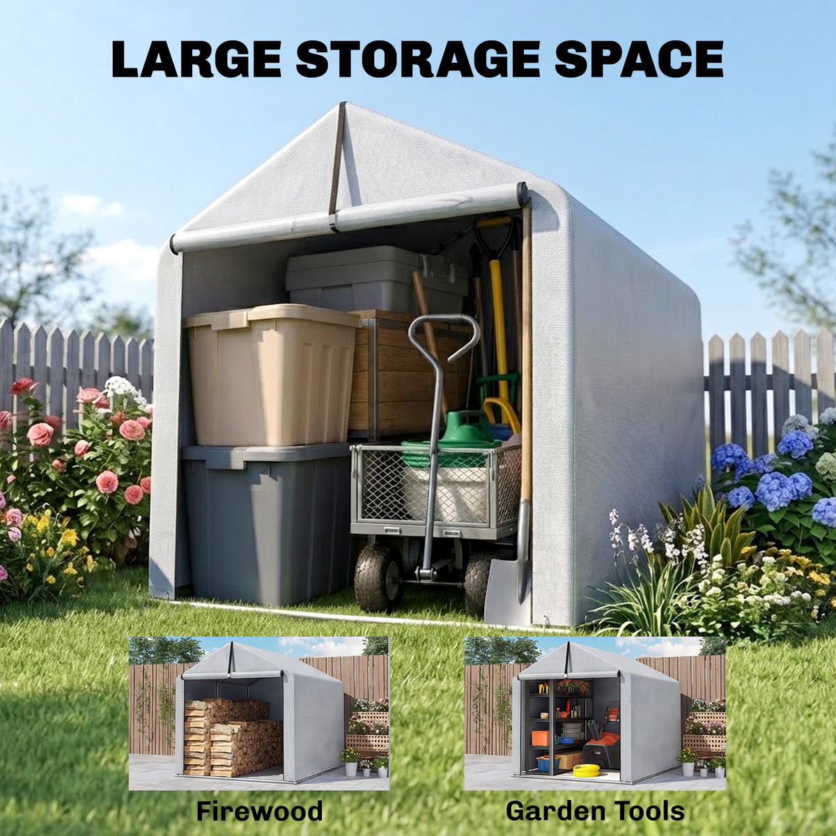 Waterproof garden shed with large storage opening, gray fabric cover and steel frame