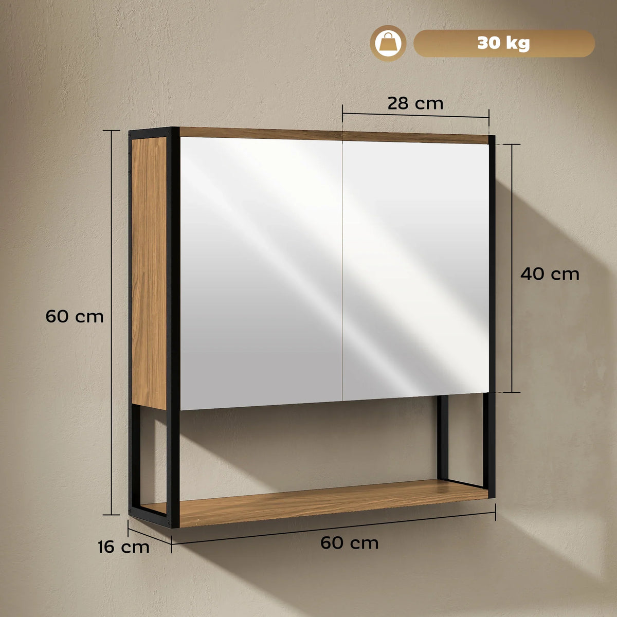 Bathroom mirror cabinet with natural wood side panels, two mirrored doors, open bottom shelf