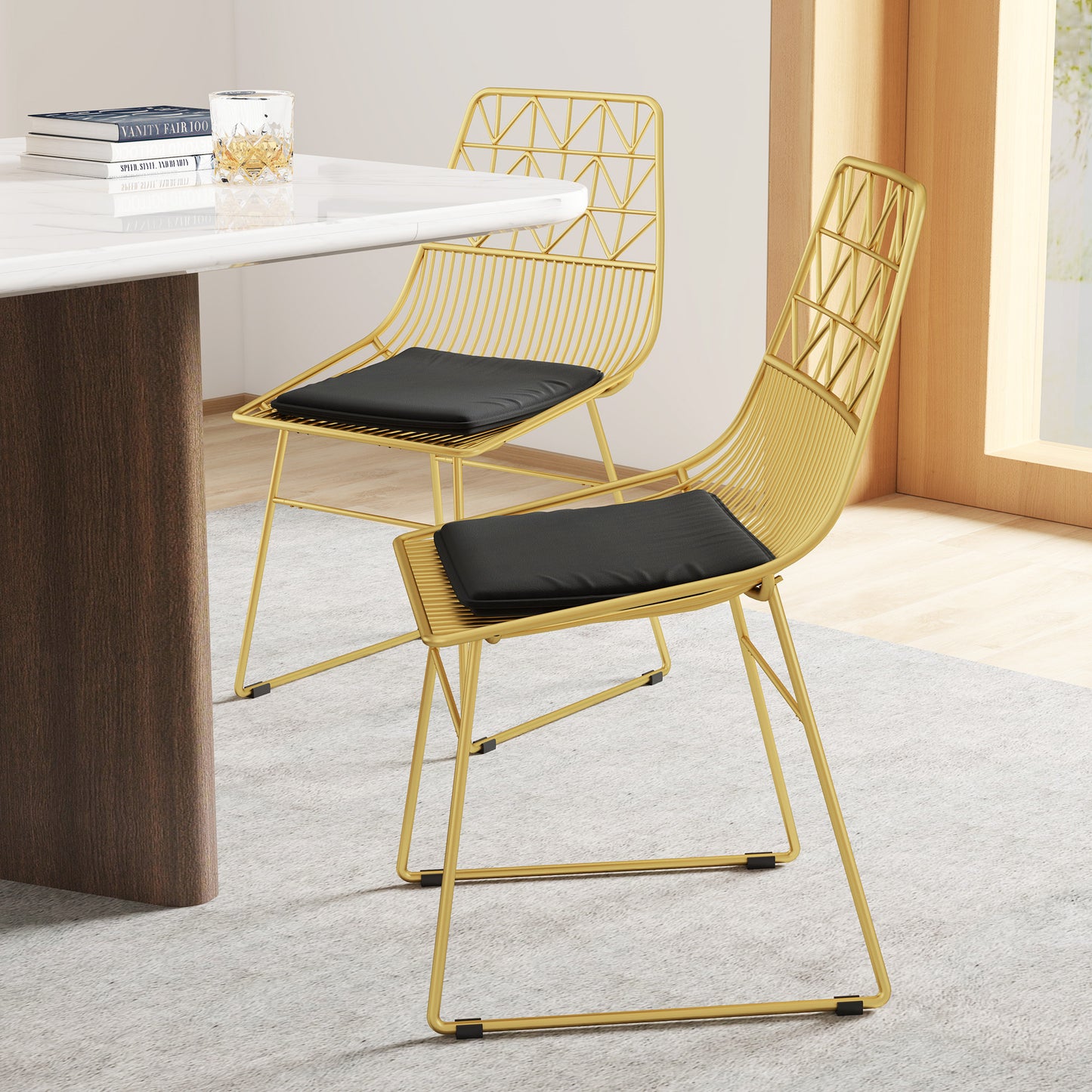 HOMCOM Luxurious Dining Chairs Set Of 4 Gold Tone Metal Wire Kitchen Chairs With Removable Velvet Cushions