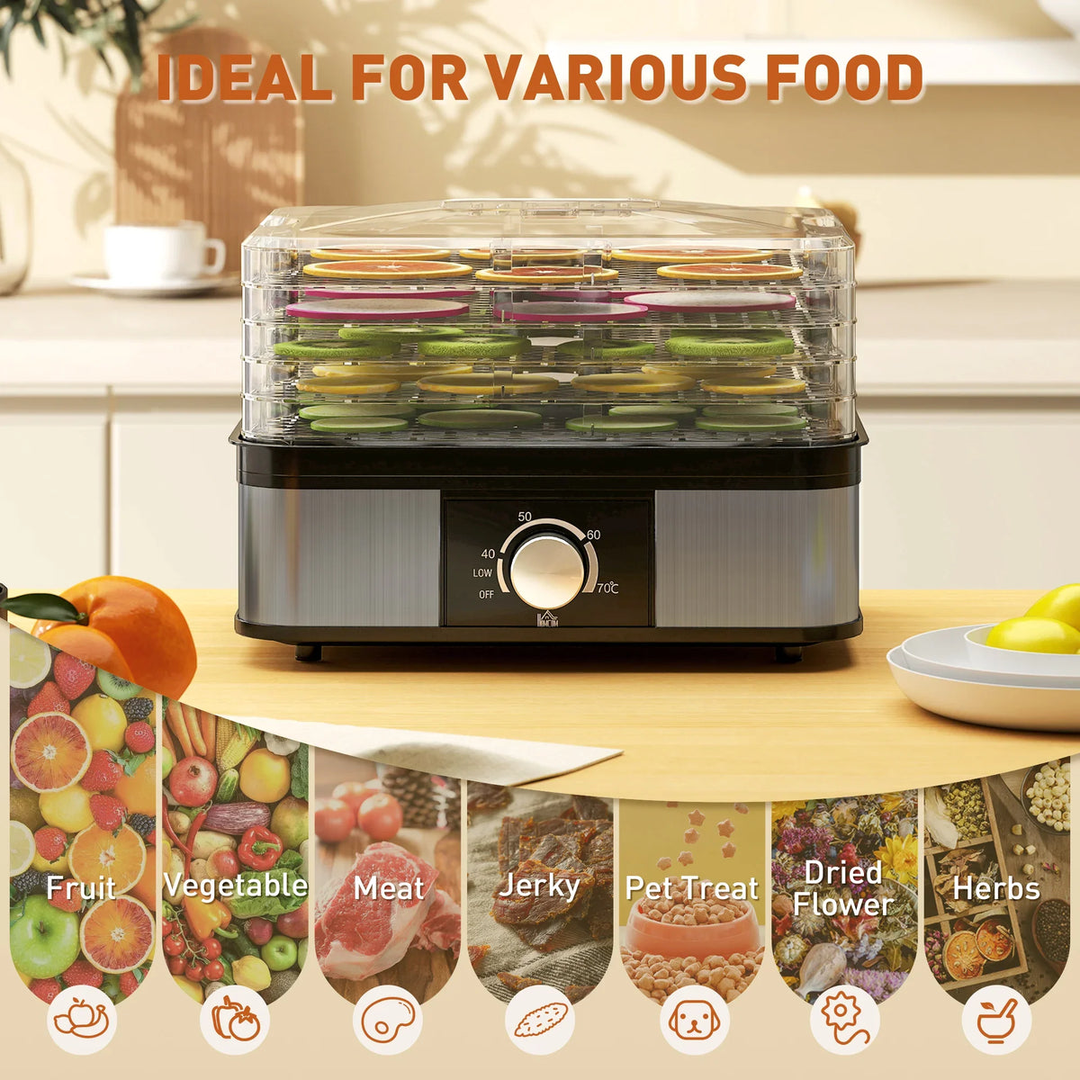 Countertop food dehydrator with clear lid and stack trays showing colorful drying food slices.