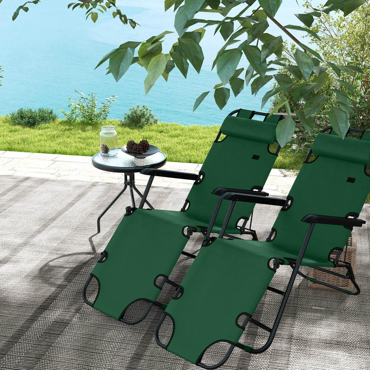 Set of 2 adjustable folding sun lounger chairs, green, with padded pillow and mesh back