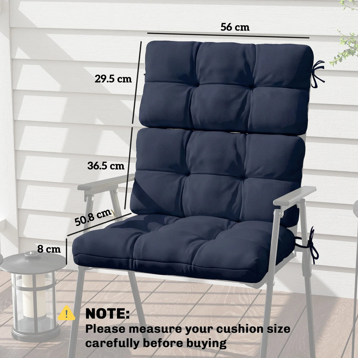 Dark blue patio chair cushion with backrest and thick padded seat