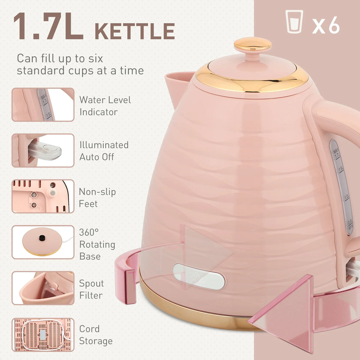 Pink 1.7L electric kettle with lid and spout, on a rotating base
