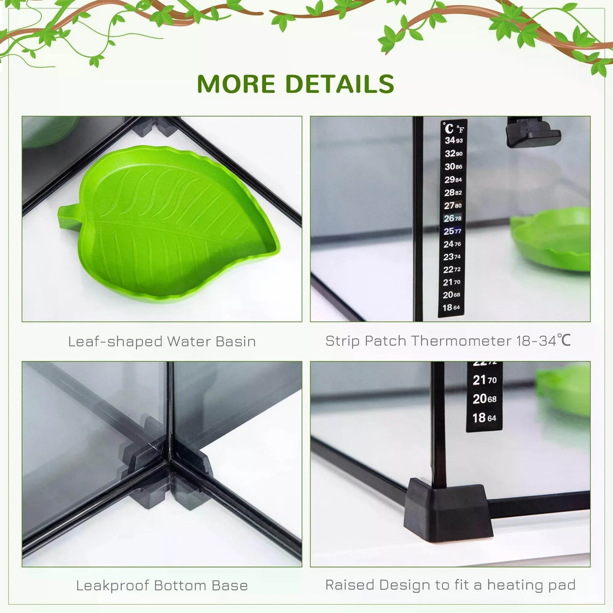Glass terrarium details: leaf-shaped water basin and raised base for heating pad