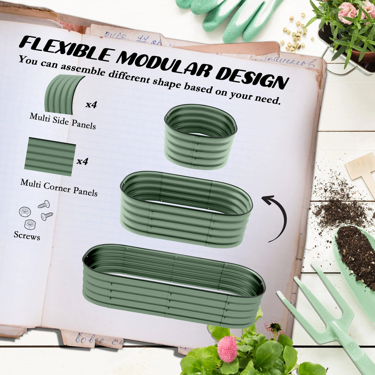 Green metal raised garden bed panels set in packaging, modular multi-section design