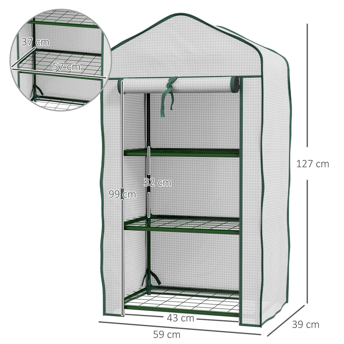 Three-tier portable mini greenhouse front view, white cover with green trim and 3 shelves