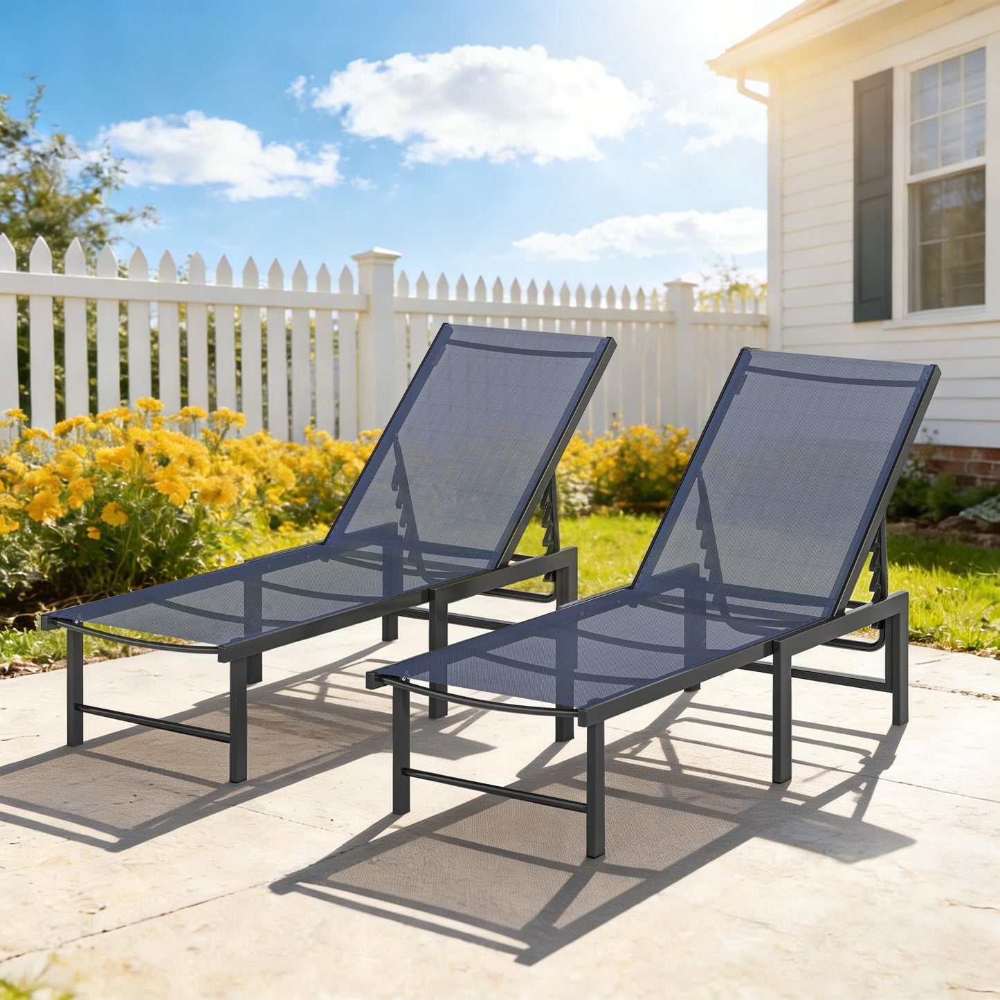 Outsunny Set Of Two Reclining Sun Loungers Five Position Adjustable Backrests Dark Blue Outdoor Garden