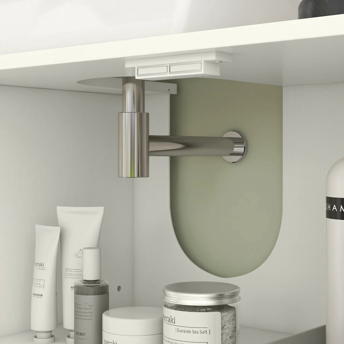 Cream bathroom cabinet showing U-shaped basin cutout and metal wall mount bracket