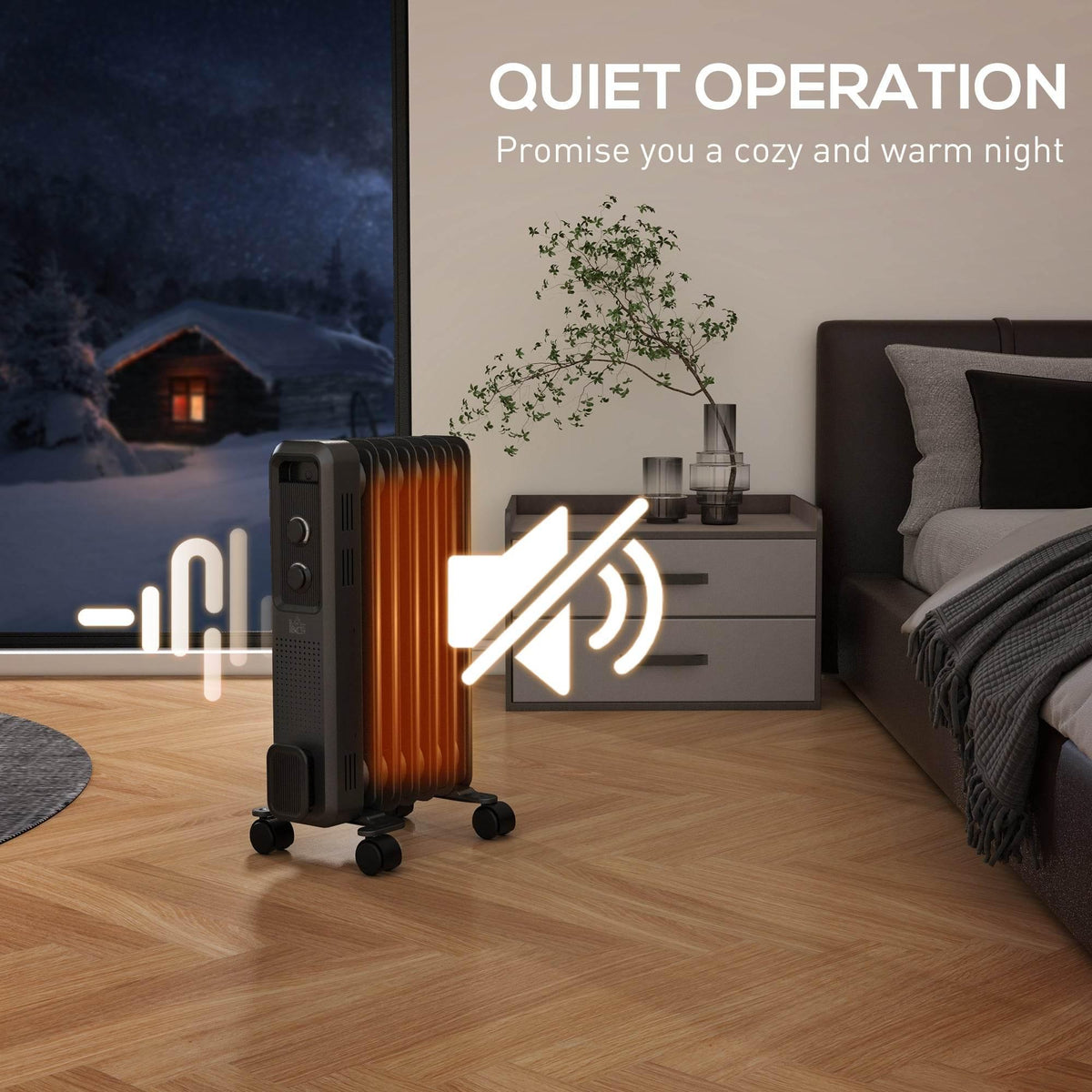 Grey oil-filled portable heater with orange fins and quiet operation, on rolling casters