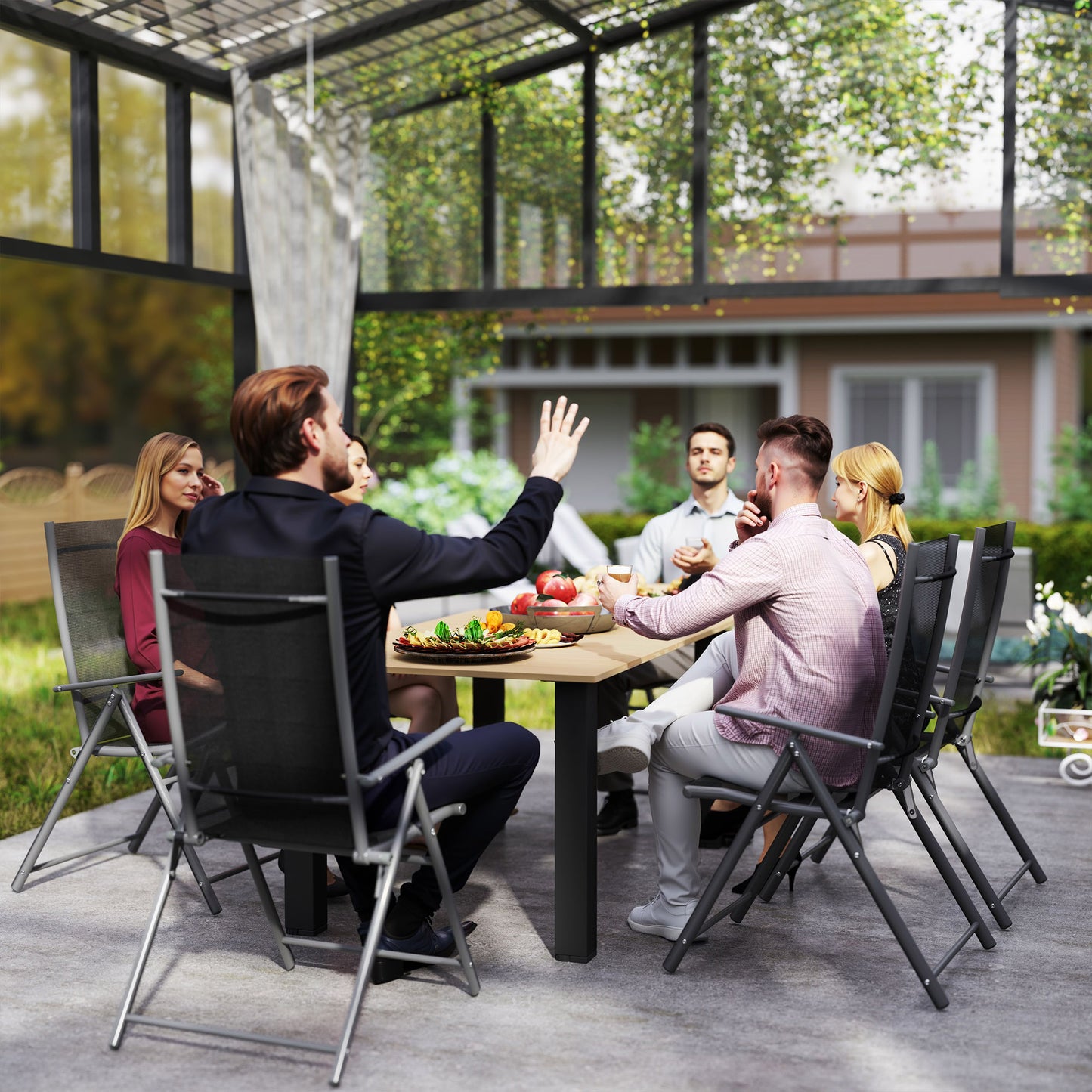 Outsunny Outdoor Rectangle Garden Dining Table For Six With Parasol Hole Slatted Metal Top And Steel Frame Brown