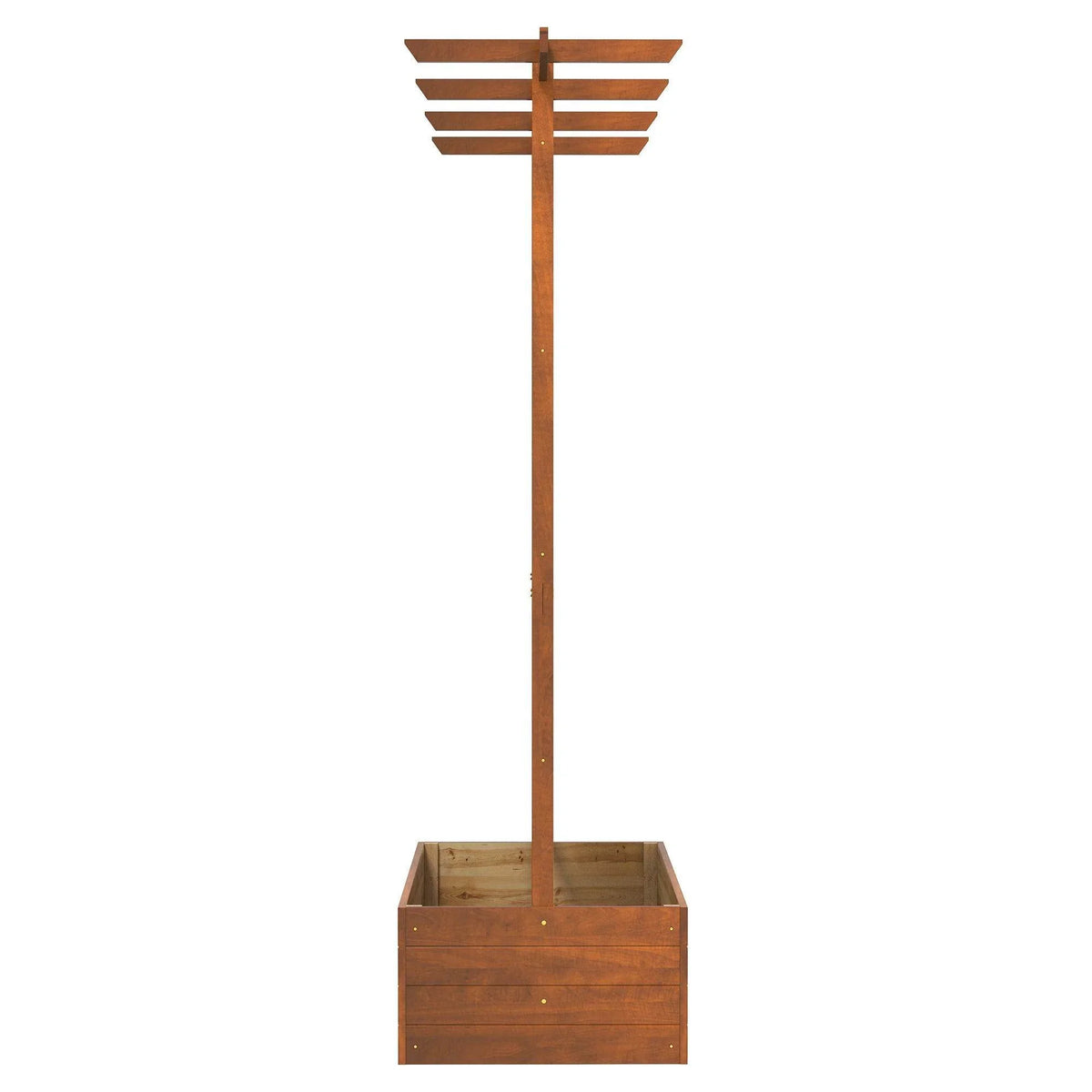Orange wooden trellis planter with upright frame and raised planting box