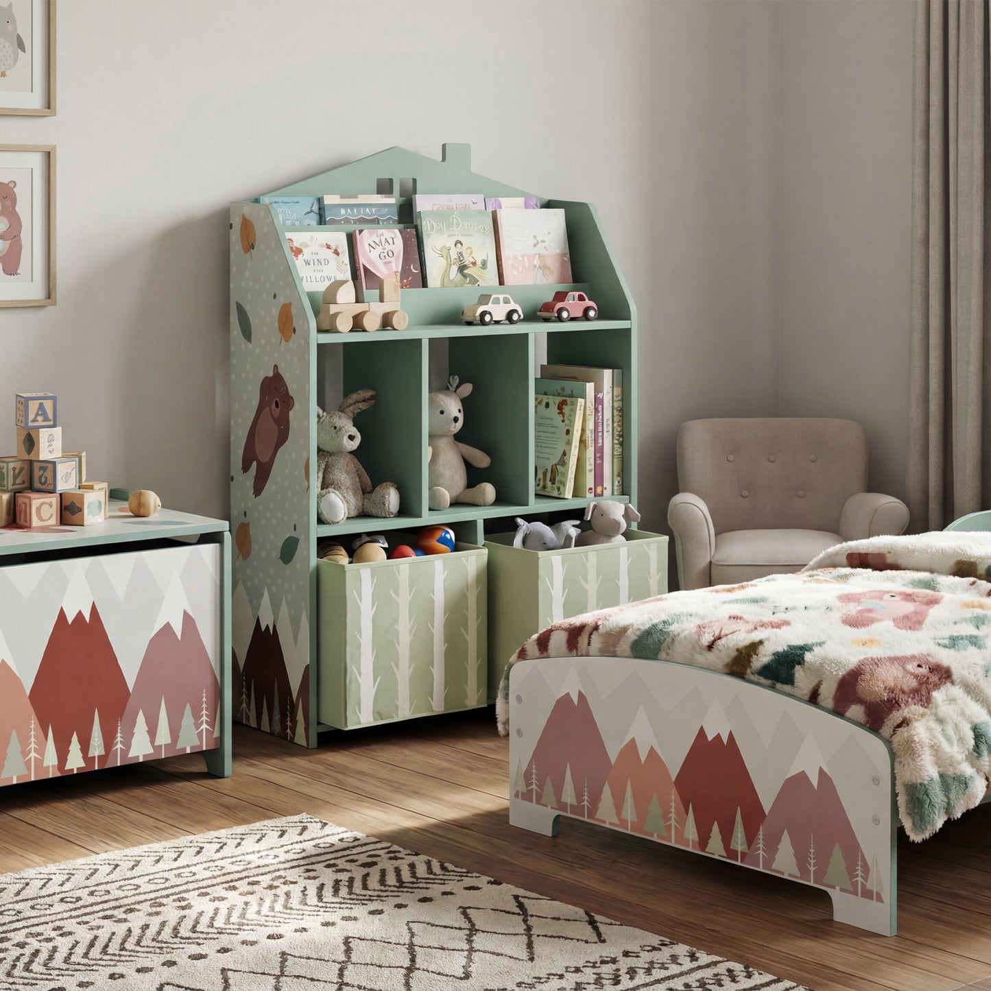 AIYAPLAY Kids Bookshelf with Storage and Fabric Drawers for Playroom and Nursery Green Book Display Unit