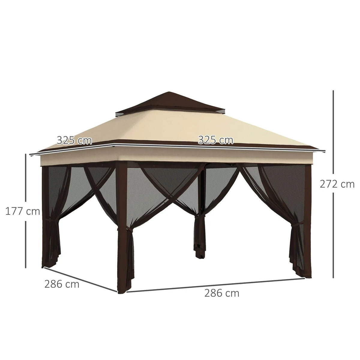 Beige pop-up gazebo with dark sidewalls, mesh panels, and height-adjustable legs (dimensions)