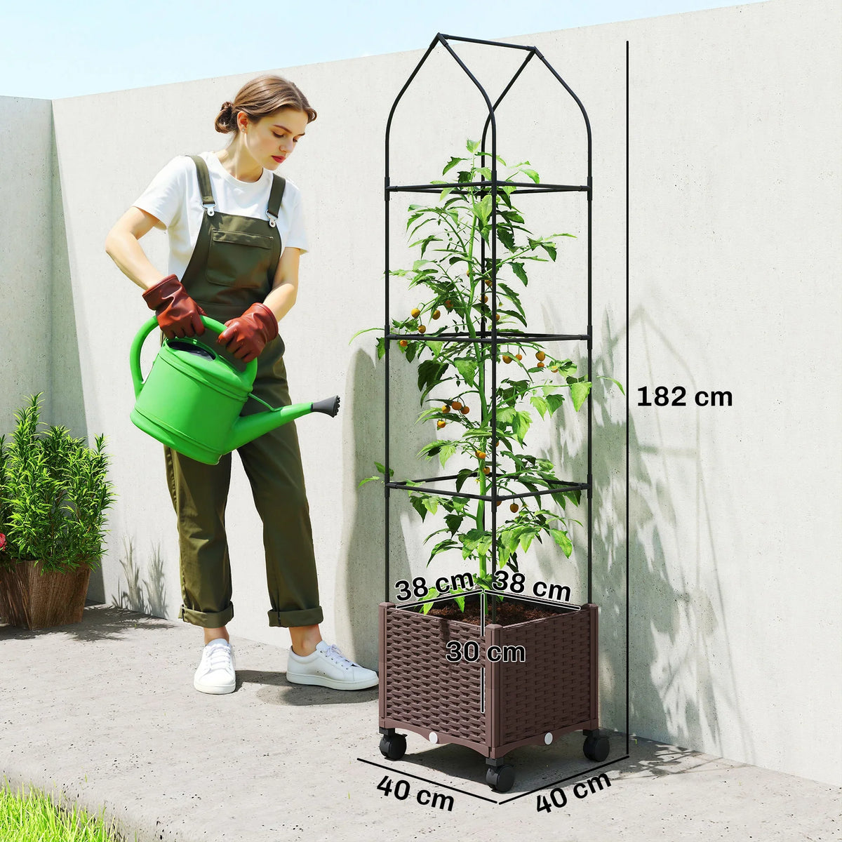 Brown self-watering raised planter box on wheels with tall trellis, holding a small plant