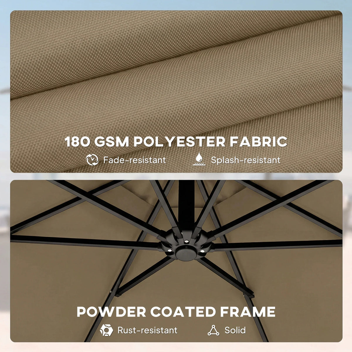 Khaki polyester parasol fabric and powder-coated frame close-up