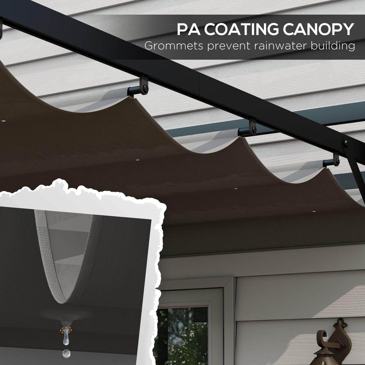Retractable pergola canopy with dark brown fabric and grommeted edge detail