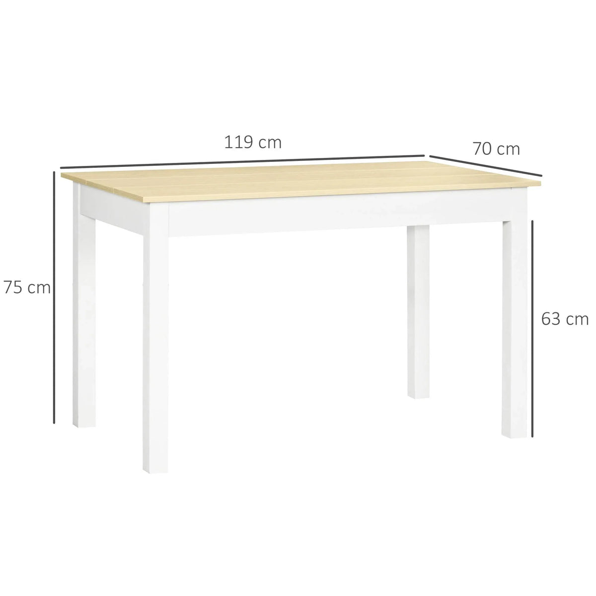Rectangular dining table with light wood top and white legs, 119 x 70 cm