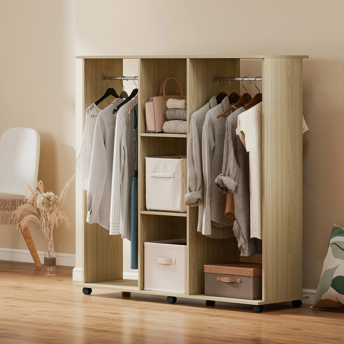 Natural wood-grain open wardrobe with double storage shelves, hanging rail, on wheels