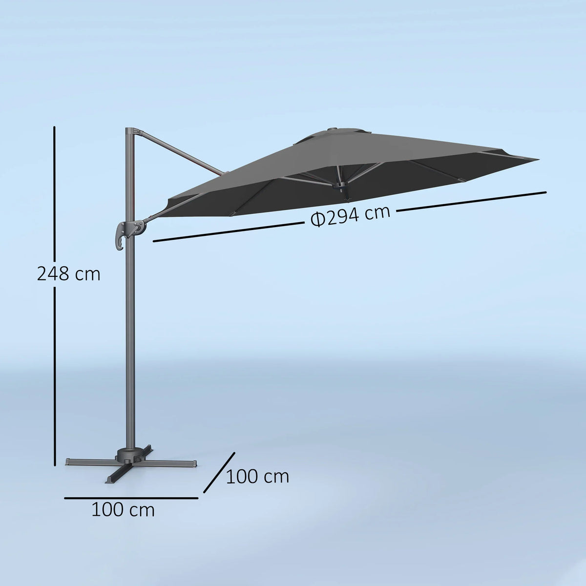 Aluminium cantilever parasol with black canopy and pole, size diagram