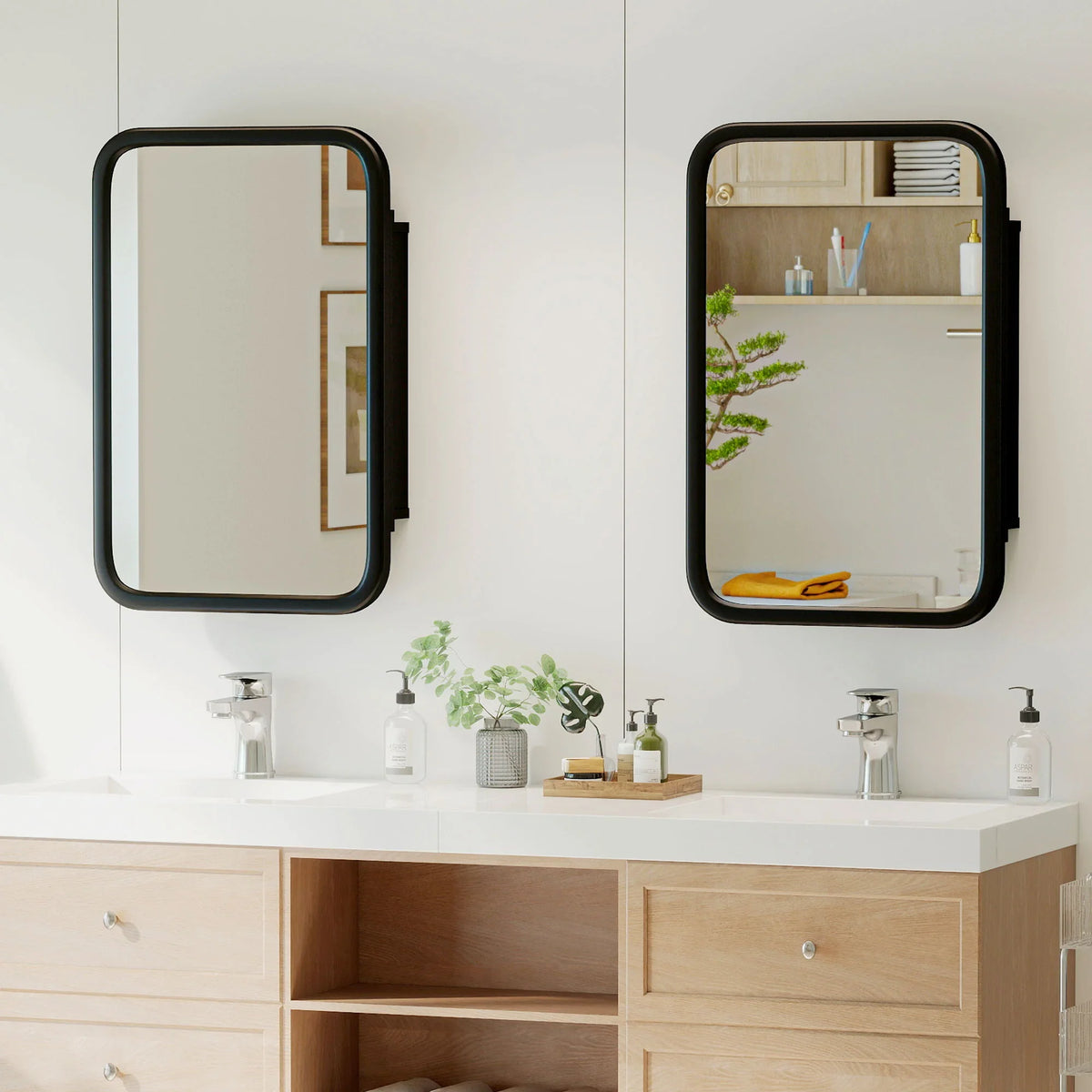 Bathroom wall cabinet mirror with black metal frame, one door open and one closed