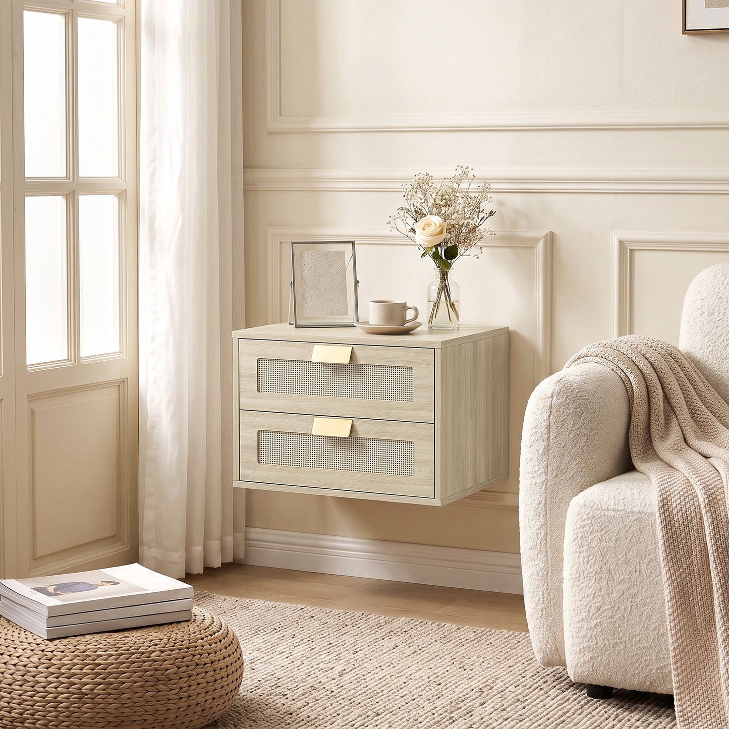Modern Wall Mounted Floating Nightstand With 2 Drawers In Oak Set