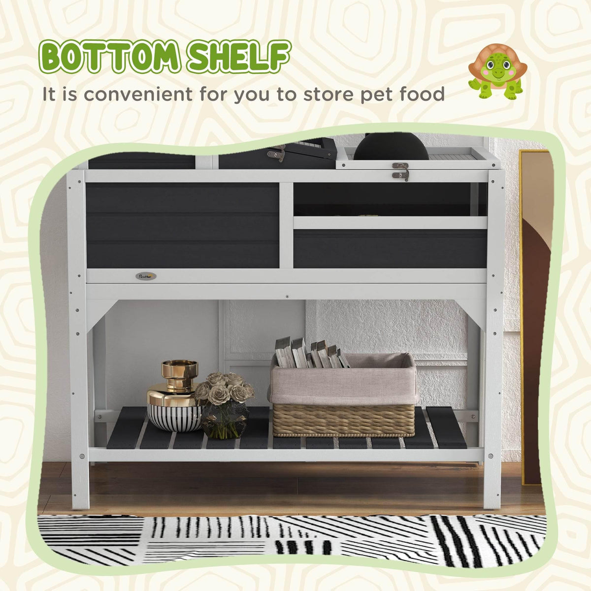 Two-level grey wooden tortoise habitat with open lower storage and wire-mesh front