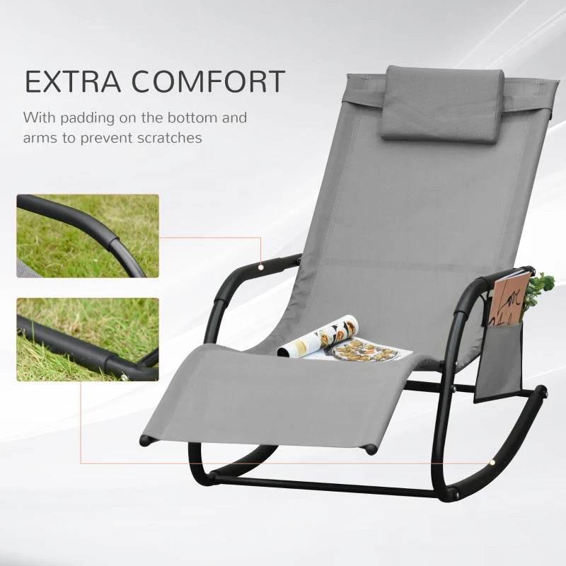 Outsunny 2PCs Outdoor Garden Rocking Chair, Patio Sun Lounger with Breathable Mesh Fabric, Removable Headrest Pillow, Armrest, Side Storage Bag - Grey - ALL4U RETAILER LTD