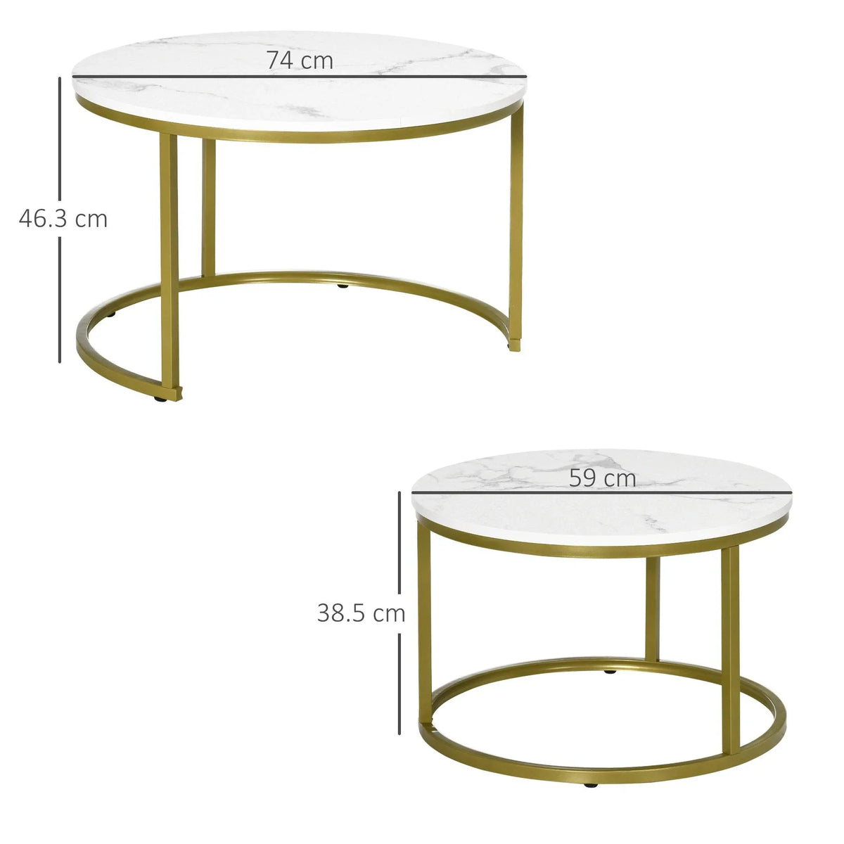 Round nesting coffee tables with white marble-look tops and gold metal frames