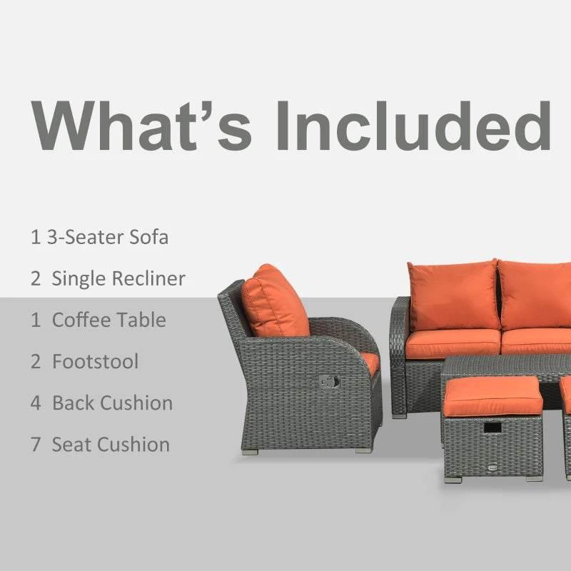 Outdoor patio set with gray sofa, two recliners, coffee table, and orange footstool cushions