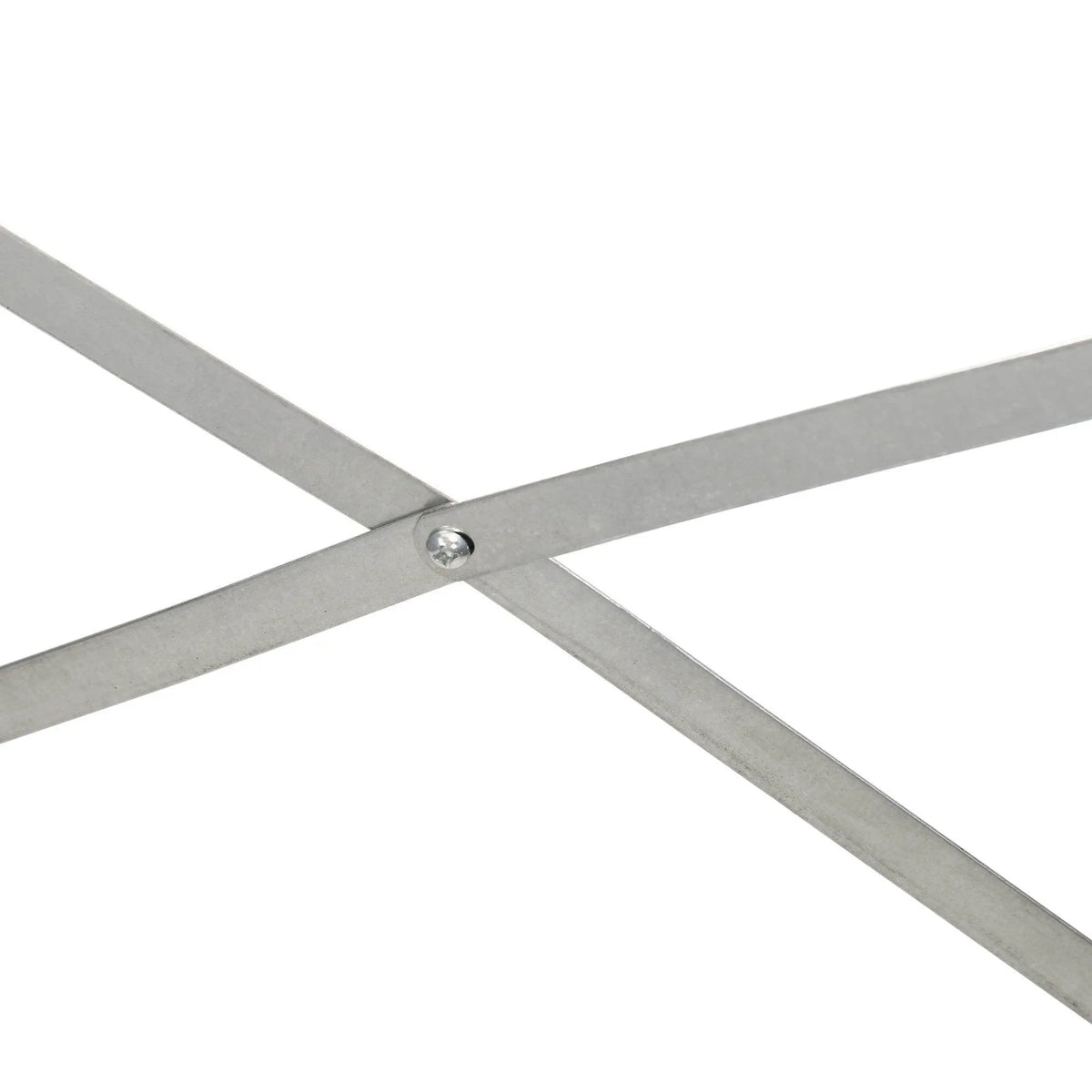 Light grey steel raised bed frame with crossed reinforcement rods and connecting bolts