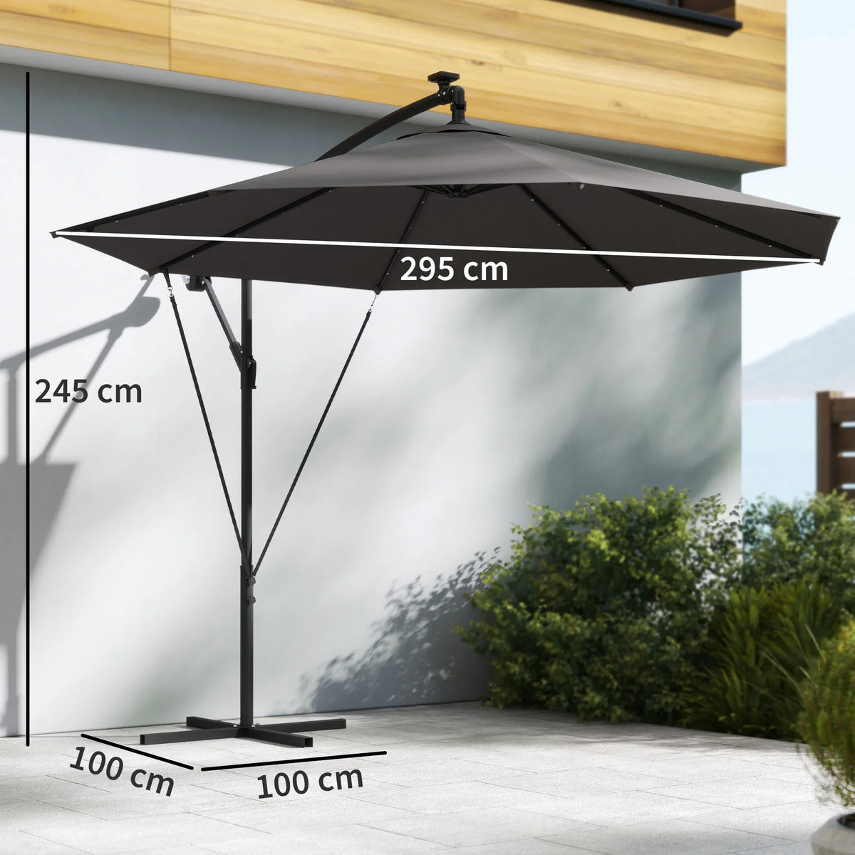 Black cantilever umbrella with 295 cm canopy, 245 cm height, cross base