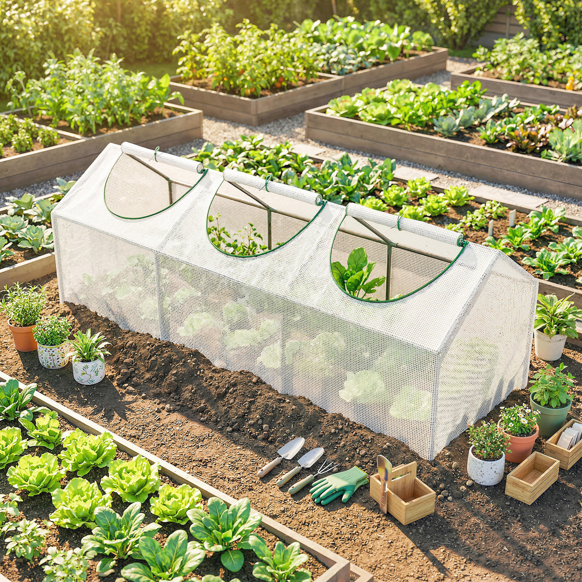 Portable mini greenhouse with white cover and green-trim zip windows over garden plants