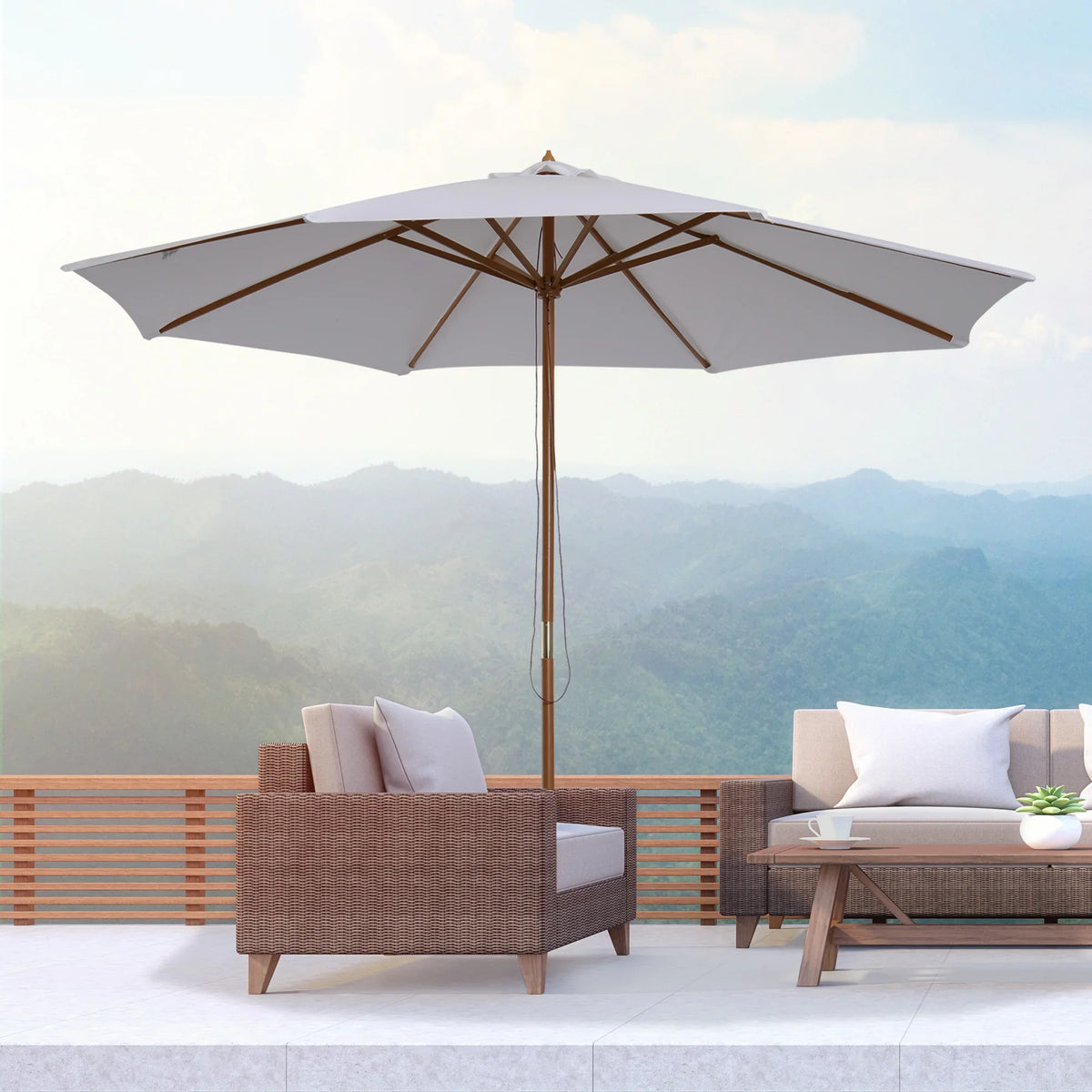 White garden parasol on wooden pole over outdoor seating