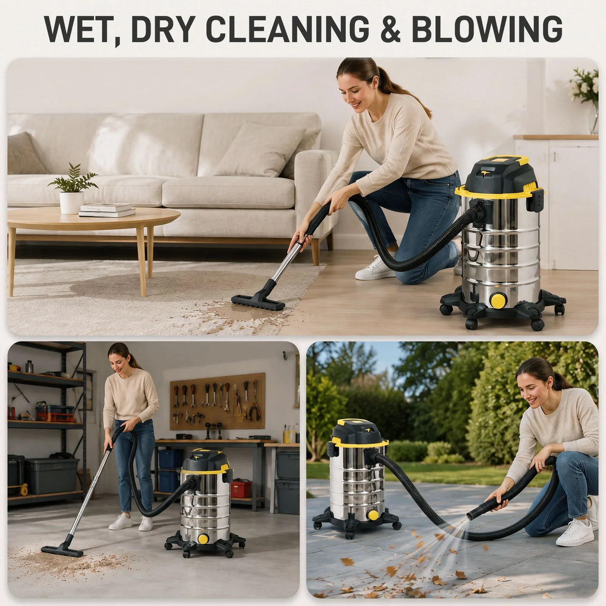 Wet and dry vacuum cleaner with stainless steel tank and flexible hose, upright