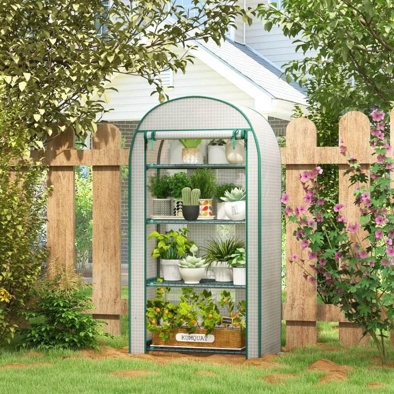 Portable mini greenhouse with green metal frame, clear PE cover, and 4-tier storage shelves