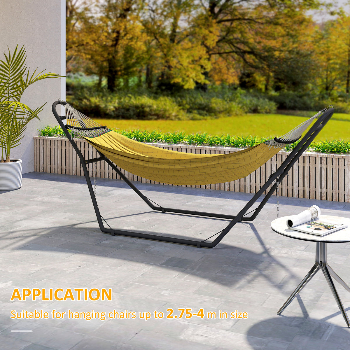Black hammock stand holding a yellow hammock with hanging chain and hooks