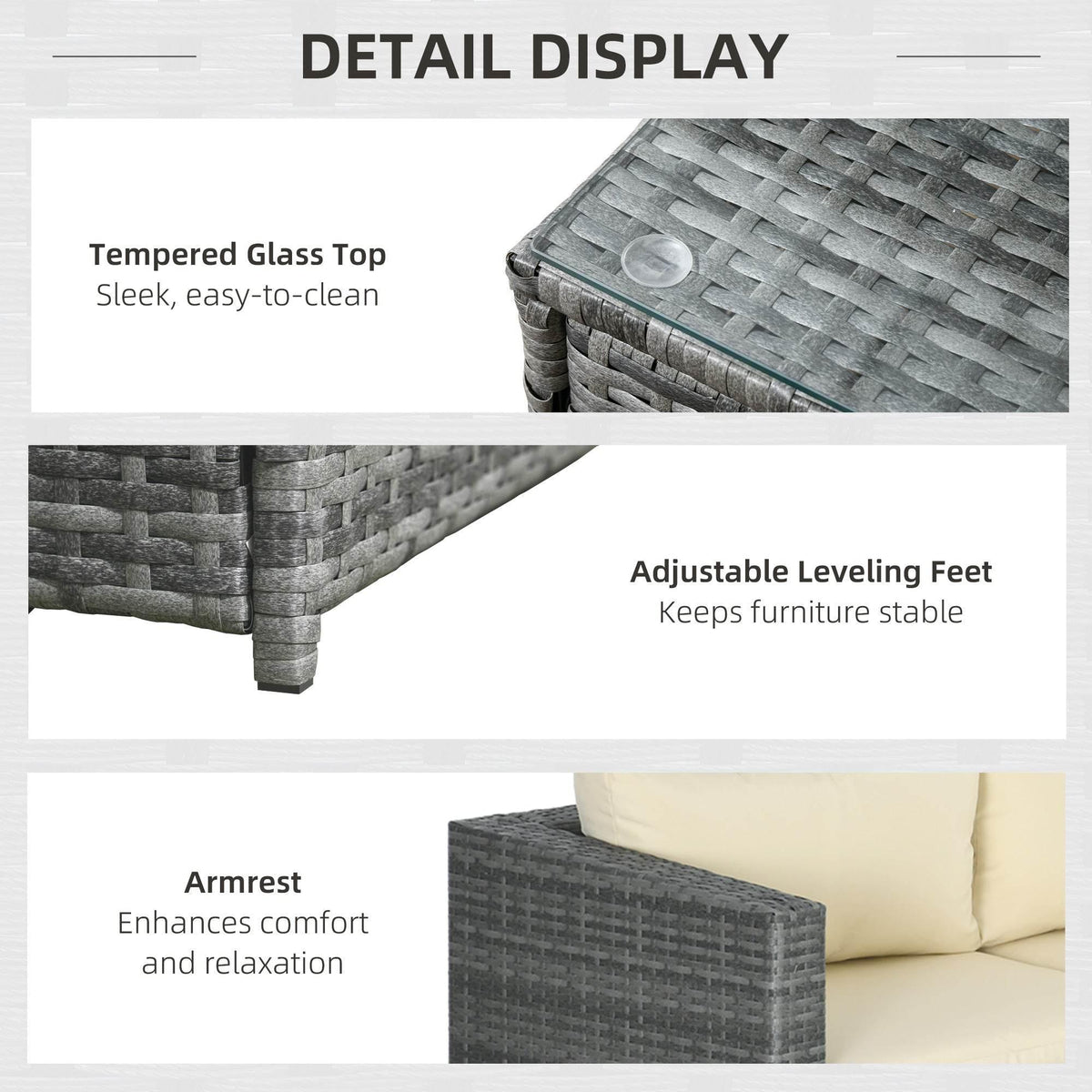 Dark gray rattan coffee table with tempered glass top and adjustable leveling feet