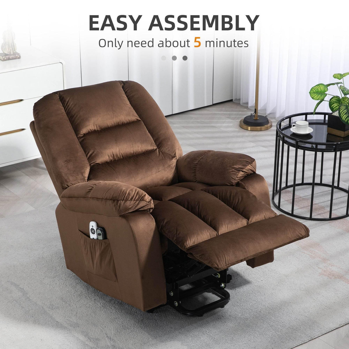 Brown electric recliner chair with footrest extended and side pocket for controller