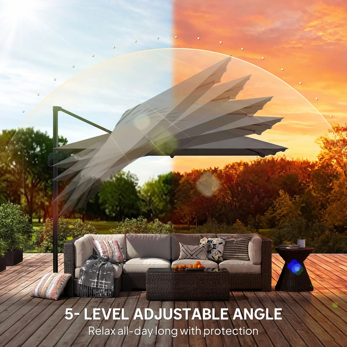 Dark grey square cantilever patio umbrella with adjustable multi-level angle over patio seating