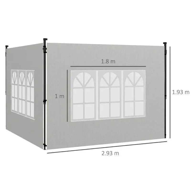 White gazebo side panel with arched window grid, shown with width and height