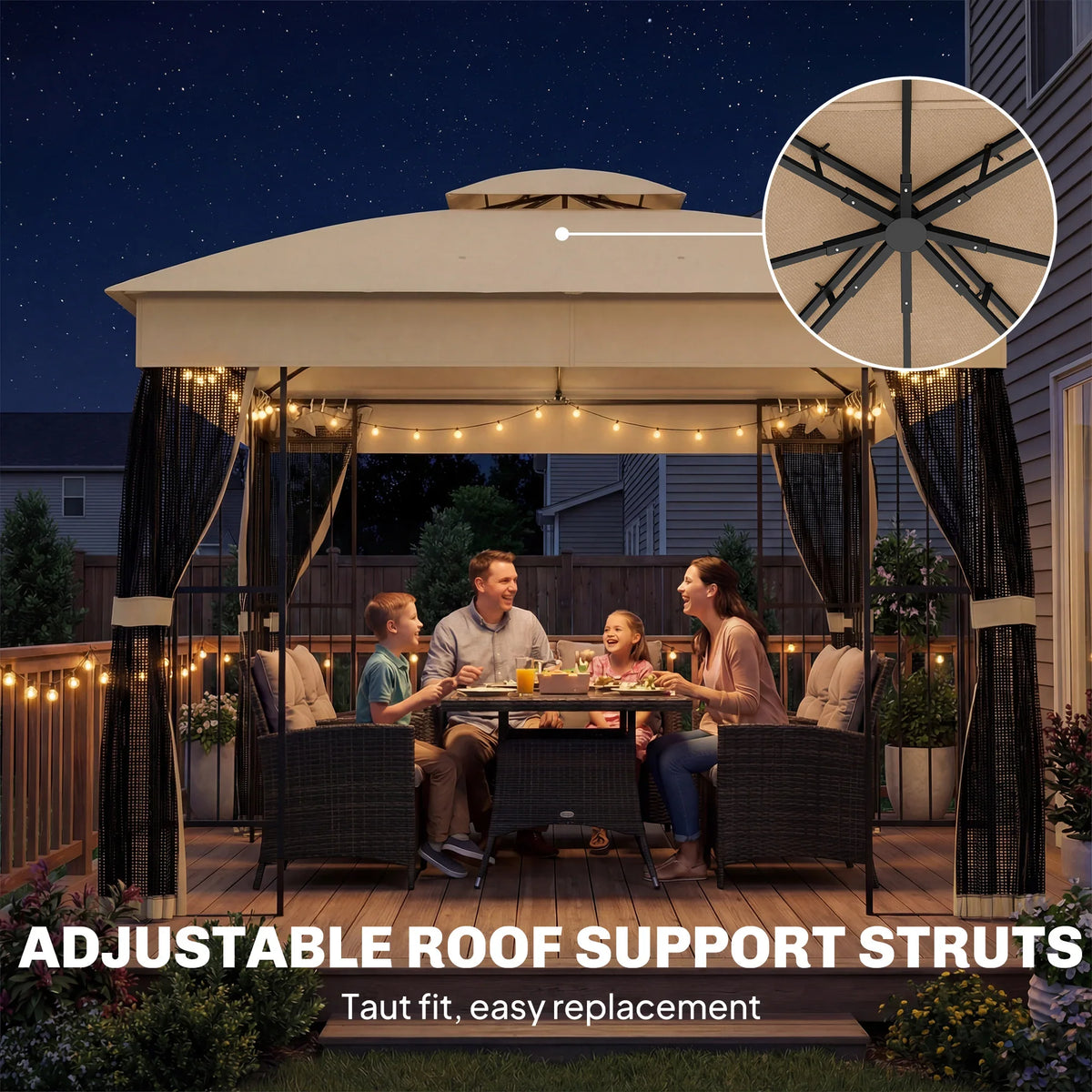 Outdoor gazebo at dusk with beige roof, black mesh curtains, and support struts