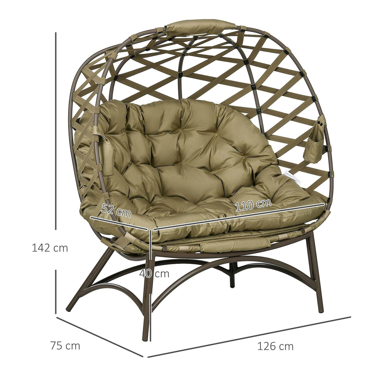 Khaki folding egg chair with woven lattice frame and cushioned seat, front view
