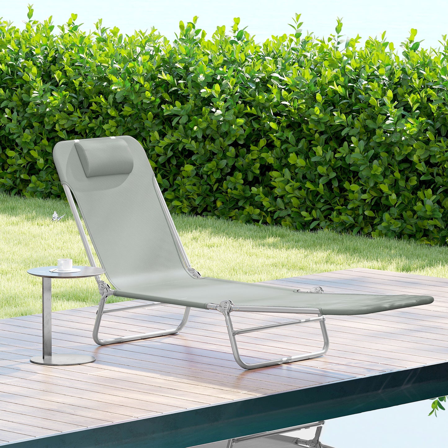 Outsunny Folding Sun Lounger With Steel Frame And Reclining Back With Pillow In Light Grey Outdoor Comfort