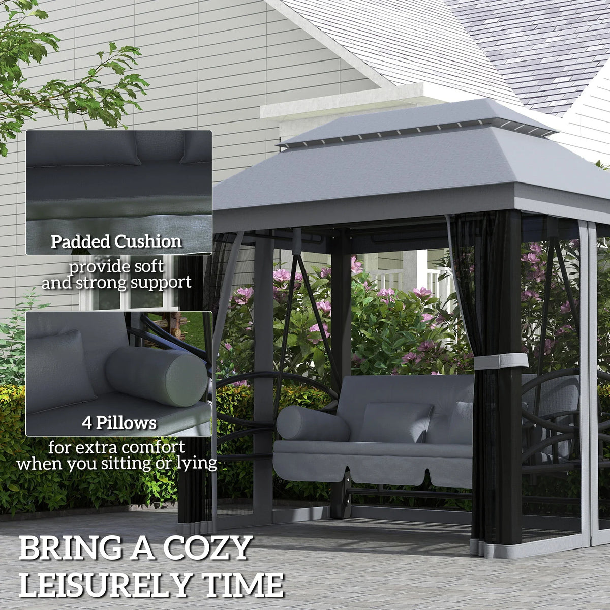 Grey gazebo swing lounger with padded cushions and four pillows, canopy roof, and curtains