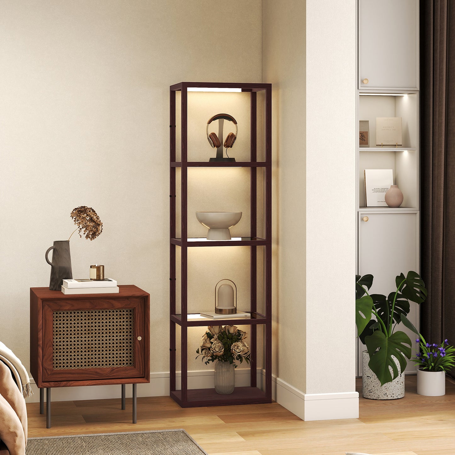 HOMCOM Four Shelf Floor Lamp With Warm White LEDs And Built In Storage And Tempered Glass Shelves Dark Brown