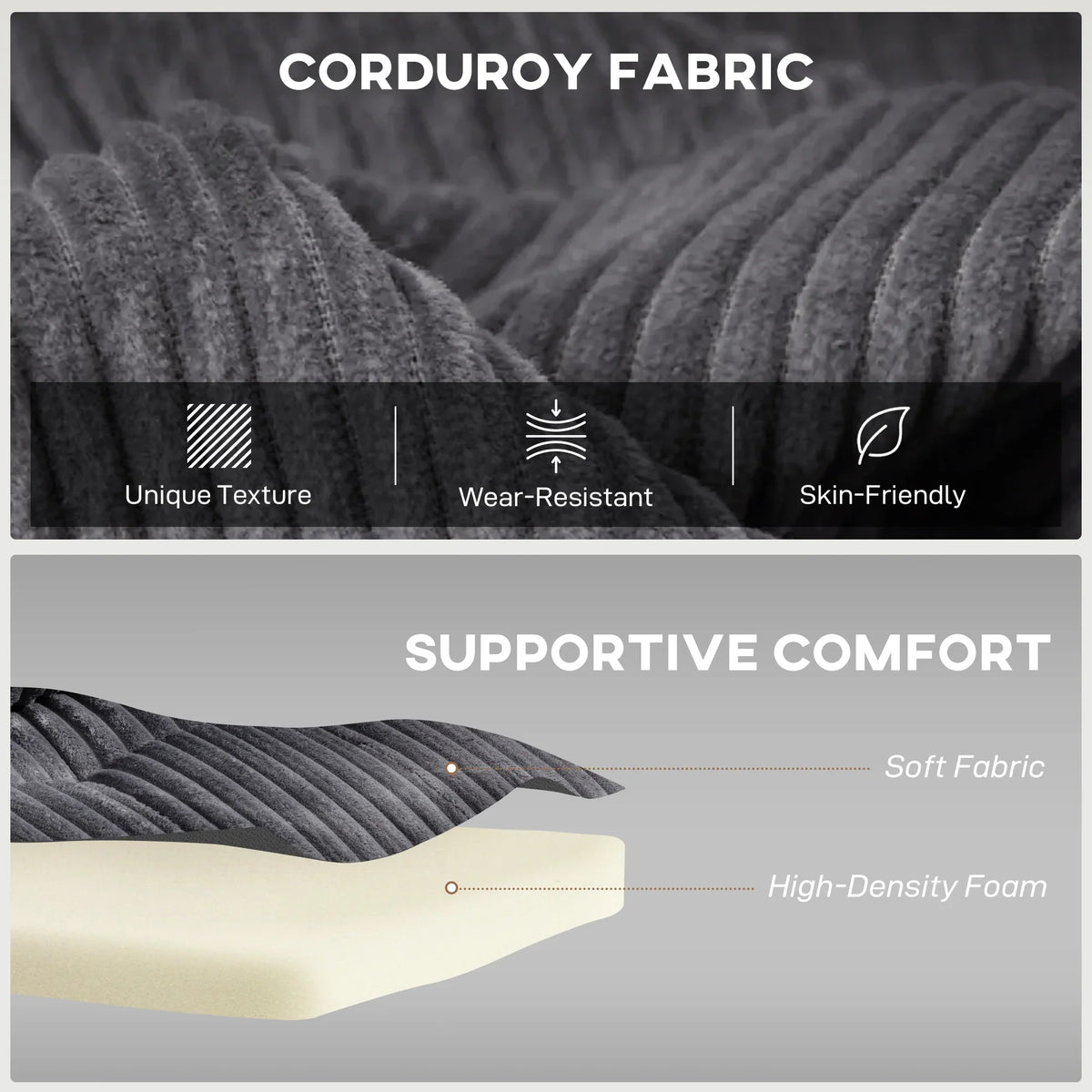 Charcoal grey corduroy fabric upholstery close-up with ribbed texture and cushioning